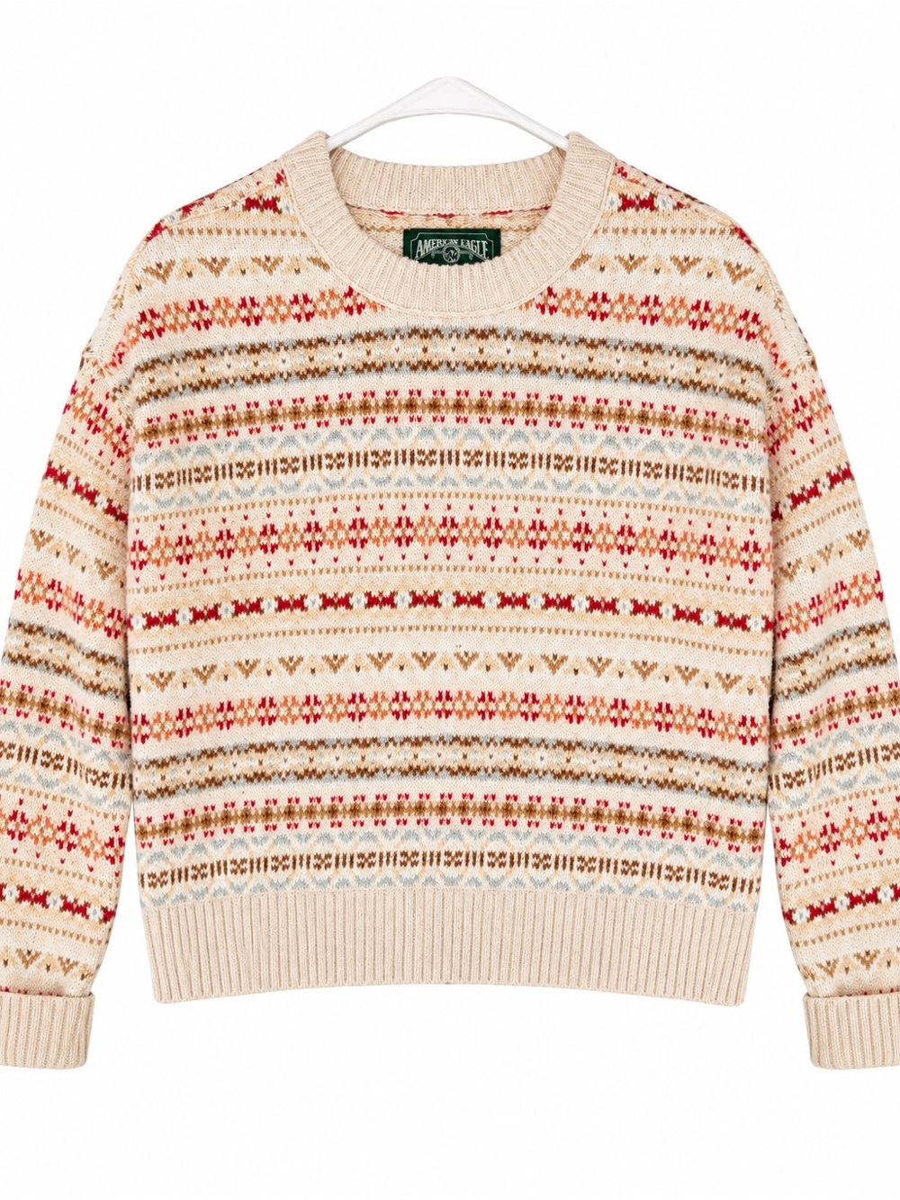 American Eagle Women’s Small Fair Isle Nordic Crewneck Sweater Cream Red Tan